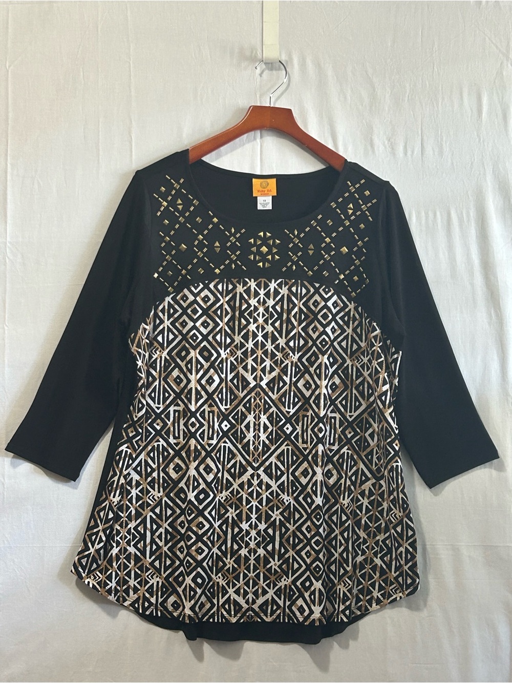 Ruby Rd. - Black Top with Print & Gold Geometric Accents